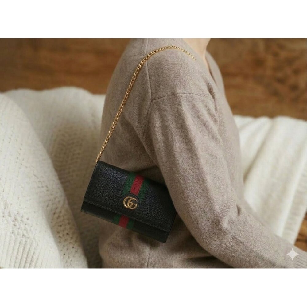 GUCCI Calfskin Web Ophidia Continental Wallet Black Striped Flap Leather GG Bag - Picture 3 of 16